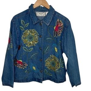 Tantrums Floral Embroidery Button Floral Denim Jean Jacket Women Size S